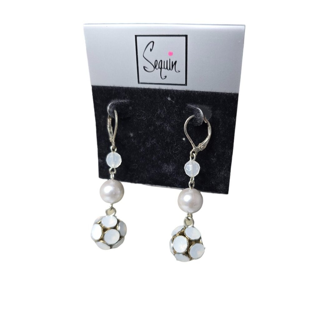 Sequin Women's Silver Plated White Faux Pearl Leverback Dangle Earrings NWT